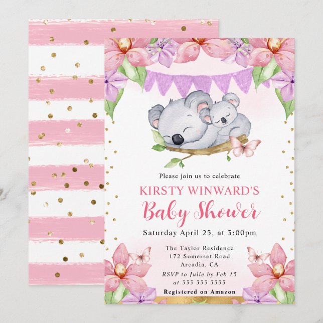Invitation Aquarelle Cute Koalas & Fleurs Baby shower (Devant / Derrière)