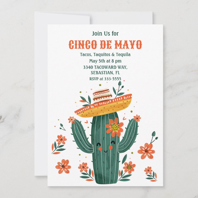 Invitation Aquarelle Cute mexicaine Cactus Cinco de Mayo (Devant)