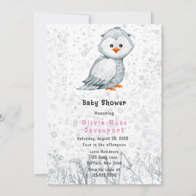 Invitation Aquarelle Cute Owl Grey Baby shower d'encre d'alco (Devant)