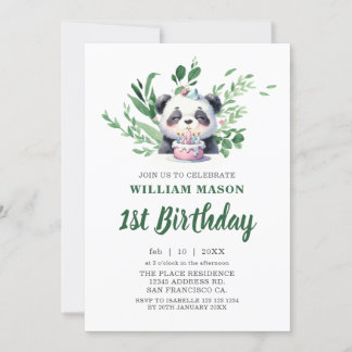 Invitation Aquarelle Cute Panda Verdure 1er anniversaire