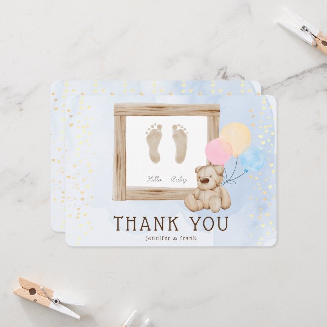 Invitation Aquarelle Cute pieds Merci Baby shower bleu (Devant/Arrière en situation)
