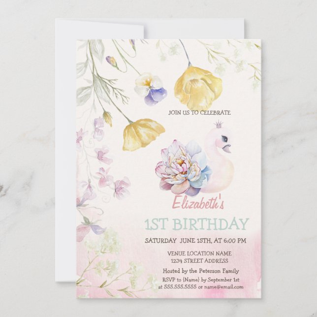 Invitation Aquarelle Cute Swan Fleurs sauvages Anniversaire (Devant)