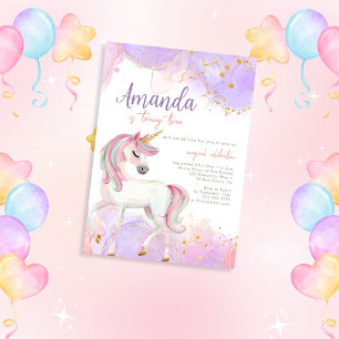 Invitation Aquarelle Cute Unicorn Purple Anniversaire