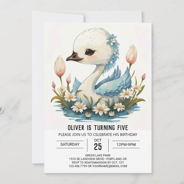Invitation Aquarelle Cygnus Swan Anniversaire (Devant)