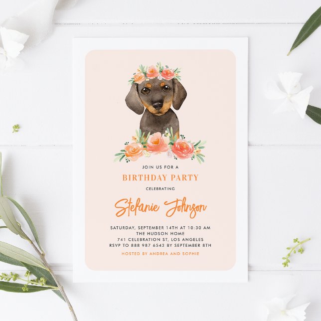 Invitation Aquarelle Dachshund Pêcher Florals Chien Anniversa (Créateur téléchargé)