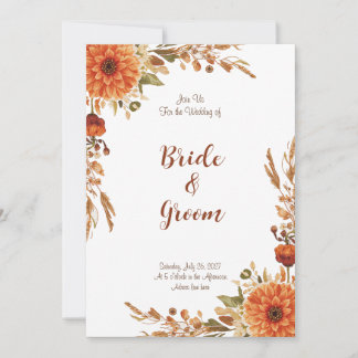 Invitation Aquarelle Dahlia Automnal Orange Botanique Rustiqu