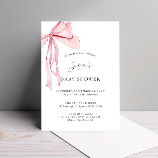 Invitation Aquarelle Dainty Baby shower Bow rose (Créateur téléchargé)