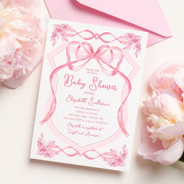 Invitation Aquarelle Dainty Baby shower de ruban rose (Dainty Watercolor Pink Ribbon Baby Shower Invitation)