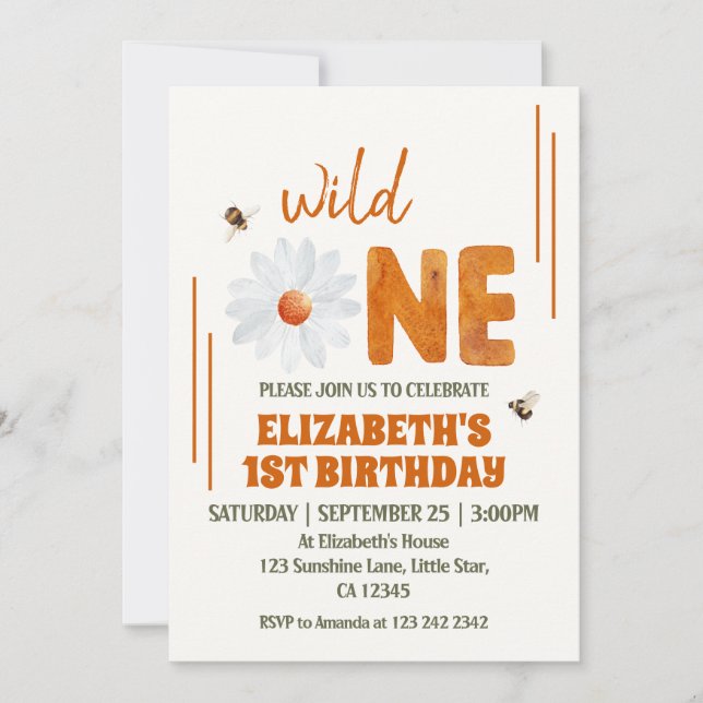 Invitation Aquarelle Daisy Wild One 1st Birthday Girl (Devant)