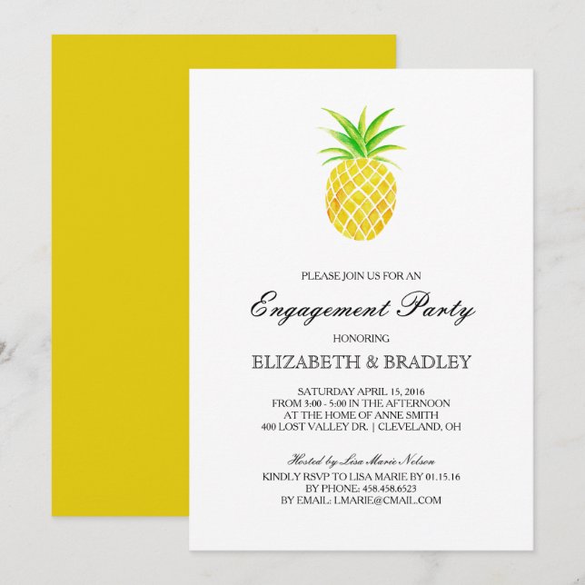 Invitation Aquarelle d'ananas Partie d'engagement tropical (Devant / Derrière)