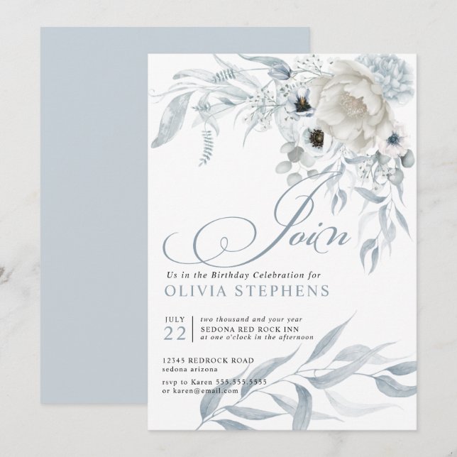 Invitation Aquarelle d'anniversaire Pale Dusty Bleu Floral (Devant / Derrière)