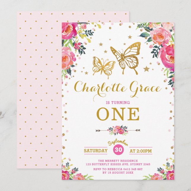 Invitation Aquarelle d'Aquarelle de papillon rose (Devant / Derrière)