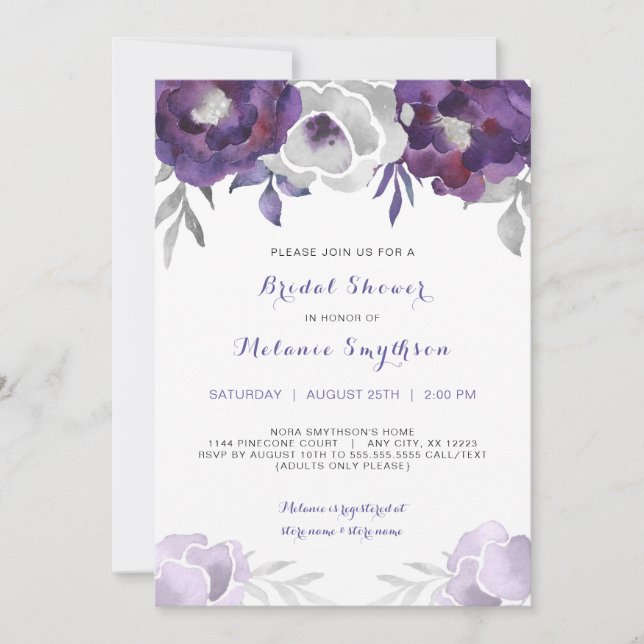 Invitation Aquarelle d'argent pourpre Douche nuptiale florale (Devant)