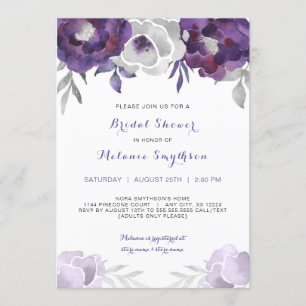 Invitation Aquarelle d'argent pourpre Douche nuptiale florale