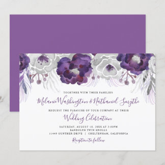 Invitation Aquarelle d'argent violet mariage floral