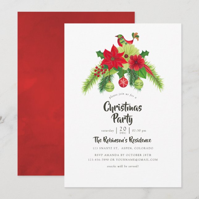 Invitation Aquarelle d'art populaire Fête de Noël florale (Devant / Derrière)