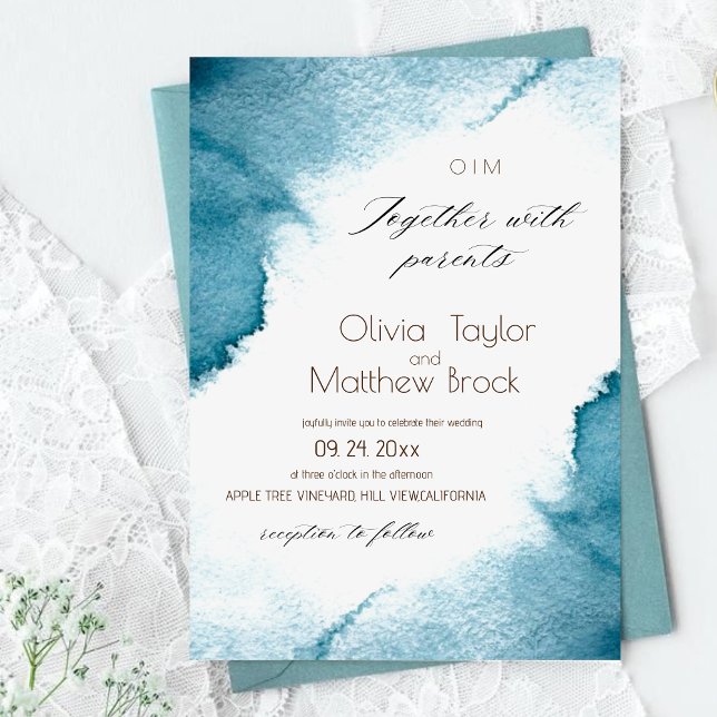 Invitation Aquarelle Dash Elégant Mariage bleu moderne (Créateur téléchargé)