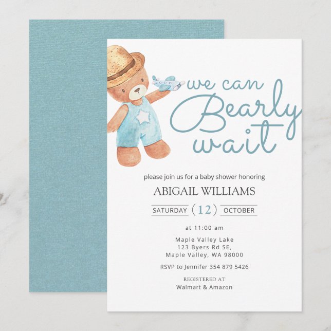 Invitation Aquarelle d'attente précoce Baby shower de l'ours  (Devant / Derrière)