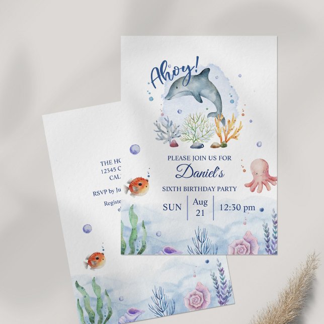 Invitation Aquarelle Dauphin Vie marine Anniversaire (Watercolor Dolphin Sealife Birthday Invitation on table.)