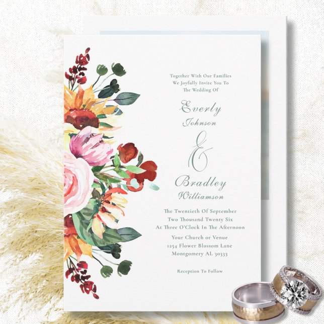 Invitation Aquarelle d'automne Floral Elégant Mariage Bourgog (Créateur téléchargé)