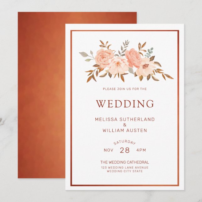 Invitation Aquarelle d'automne Mariage de cuivre Floral (Devant / Derrière)