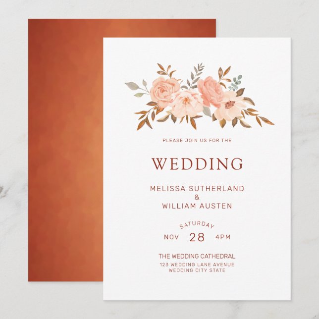 Invitation Aquarelle d'automne Mariage d'ivoire de cuivre flo (Devant / Derrière)