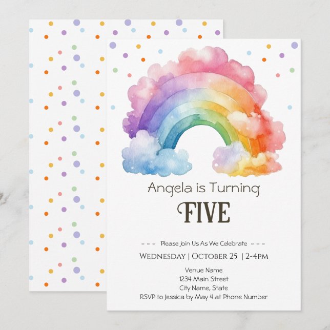 Invitation Aquarelle de 5e anniversaire Rainbow Kids (Devant / Derrière)