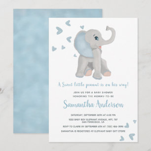Invitation Aquarelle de Baby shower Eléphant Bleu Cute