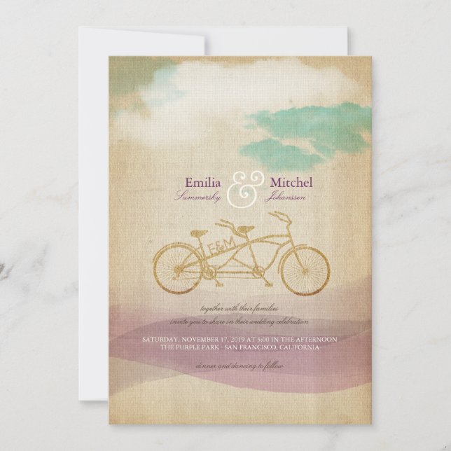 Invitation Aquarelle de bicyclette en tandem fantasque Mariag (Devant)