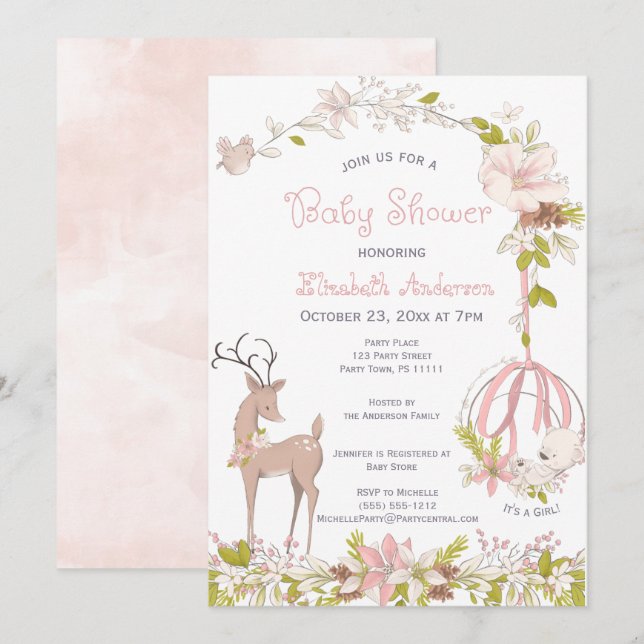 Invitation Aquarelle de bois Floral Baby Girl Douche (Devant / Derrière)