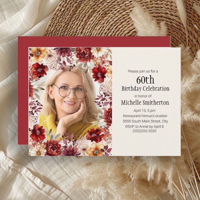 Invitation Aquarelle de Bourgogne Floral 60e anniversaire Pho (Burgundy, rust, and cream-colored watercolor floral photo birthday party invitation)