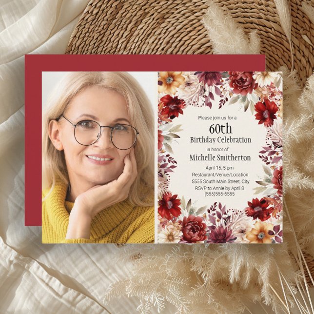 Invitation Aquarelle de Bourgogne Floral Photo 60e anniversai (Burgundy, cream, and rust-colored watercolor floral photo birthday invitation )