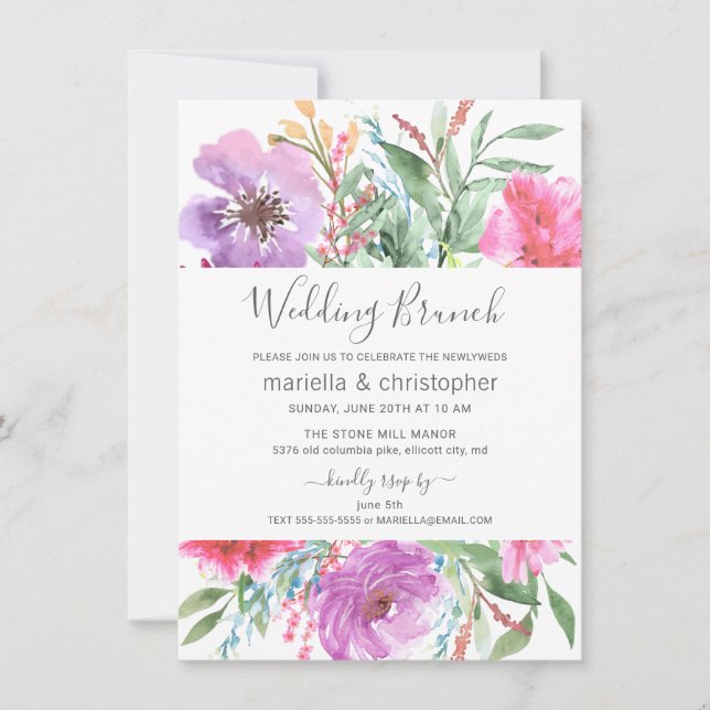 Invitation Aquarelle de Brunch post-Mariage Jardin florissant (Devant)