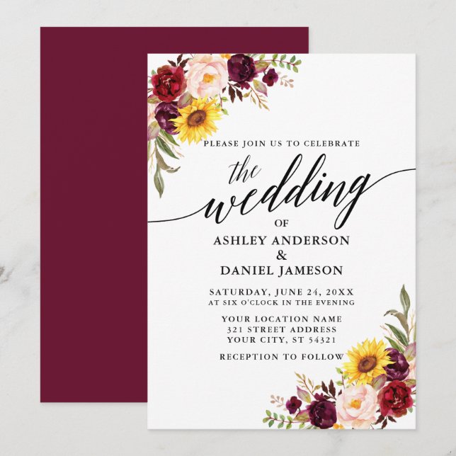 Invitation Aquarelle de calligraphie moderne Mariage floral m (Devant / Derrière)