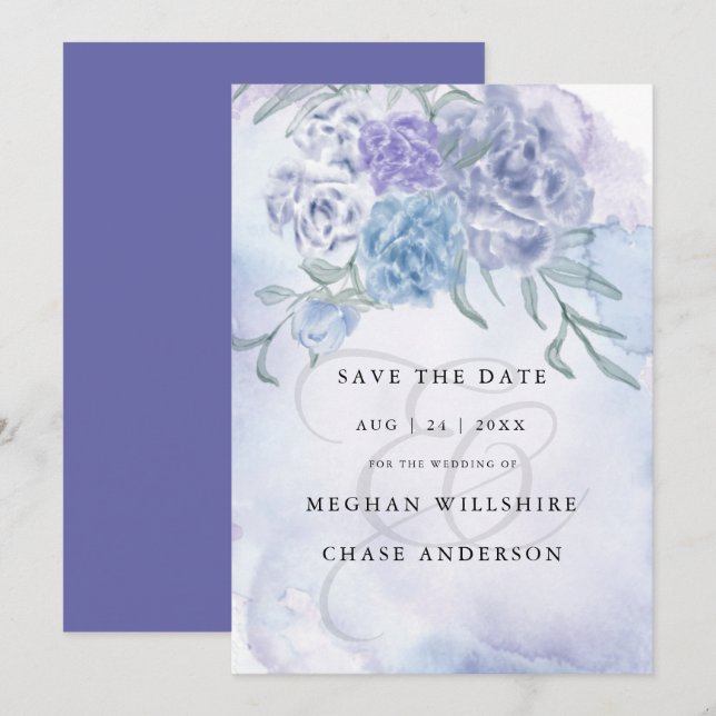 Invitation Aquarelle de campagne Floral Dusty Blue (Devant / Derrière)