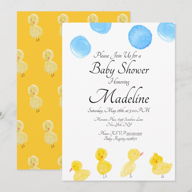 Invitation Aquarelle de canard en caoutchouc Baby shower pein (Devant / Derrière)