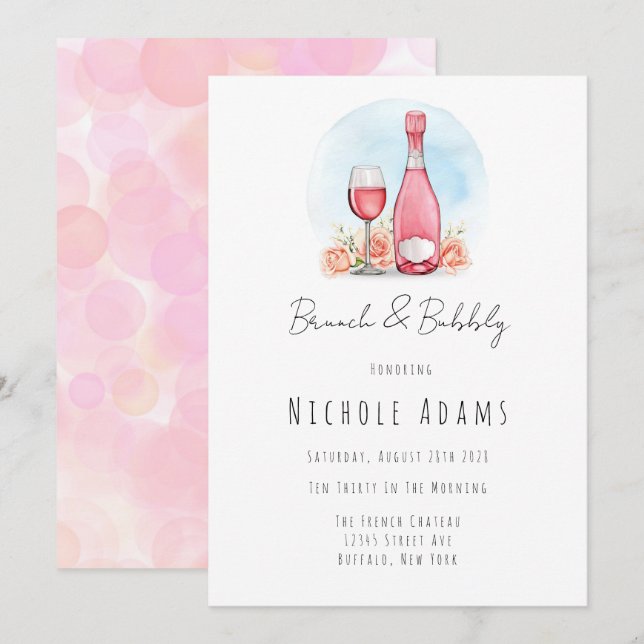 Invitation Aquarelle de champagne rose Brunch et mousseux (Devant / Derrière)