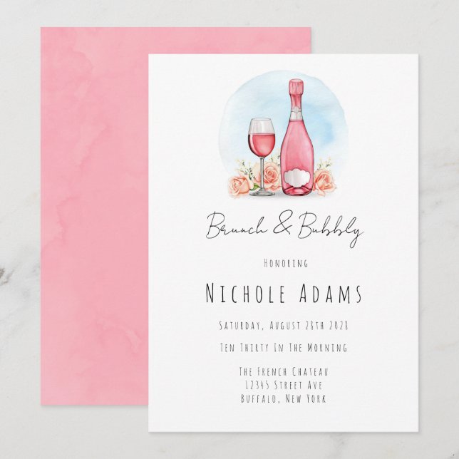 Invitation Aquarelle de champagne rose Brunch et mousseux (Devant / Derrière)