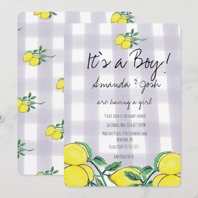 Invitation Aquarelle de citron rustique Citrus Baby shower de (Devant / Derrière)