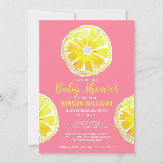 Invitation Aquarelle de citron tranches Baby shower rose (Devant)