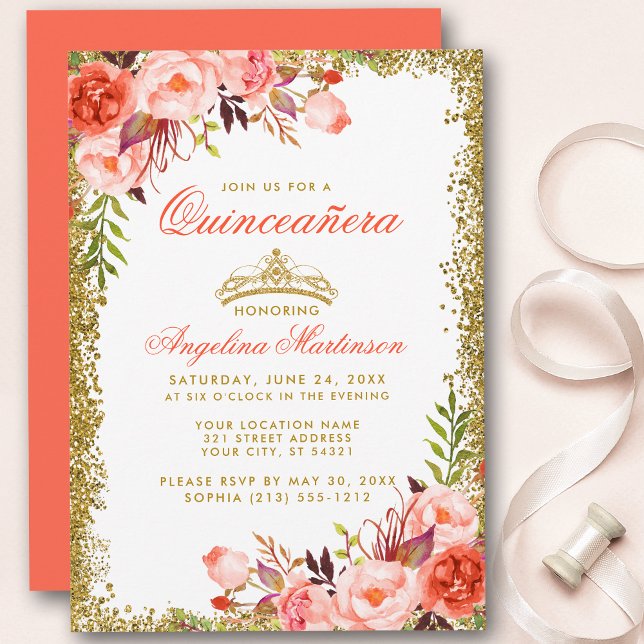 Invitation Aquarelle de corail Floral Quinceanera Gold Partie (Customize to change text color, style, add text & photos to back or change color of back of card.)