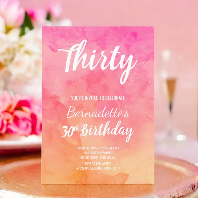 Invitation Aquarelle de corail rose moderne ombre 30e anniver (Modern pink coral watercolor ombre 30th Birthday Invitation)