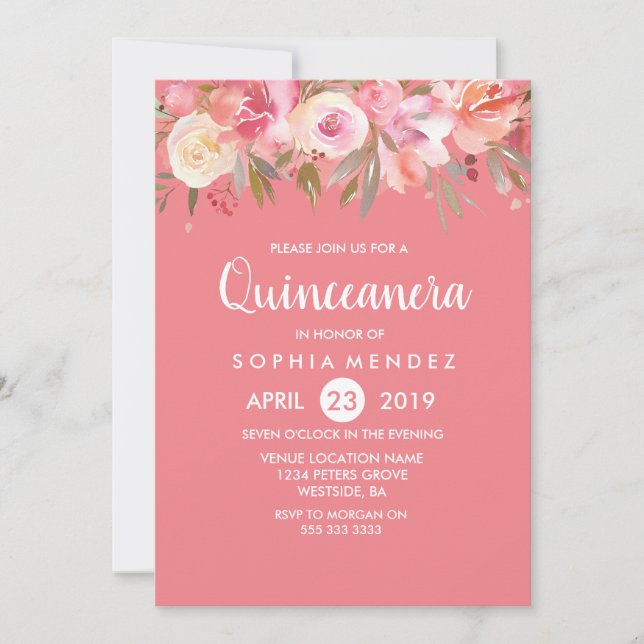 Invitation Aquarelle de corail rose pâle Quinceanera Invitati (Devant)