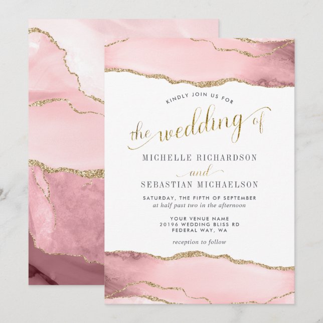 Invitation Aquarelle de couleur or rose pâle Elegant Mariage  (Devant / Derrière)