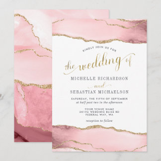 Invitation Aquarelle de couleur or rose pâle Elegant Mariage 