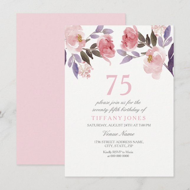Invitation Aquarelle de couleur rose rose pâle 75e anniversai (Devant / Derrière)