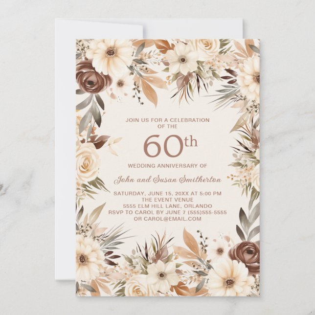 Invitation Aquarelle de crème Brown Floral 60e anniversaire (Devant)