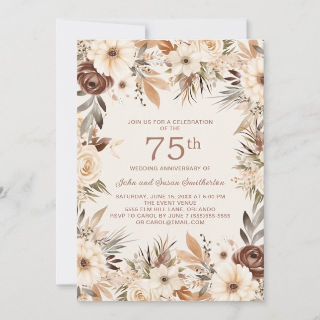 Invitation Aquarelle de crème Brown Floral 75e anniversaire (Devant)