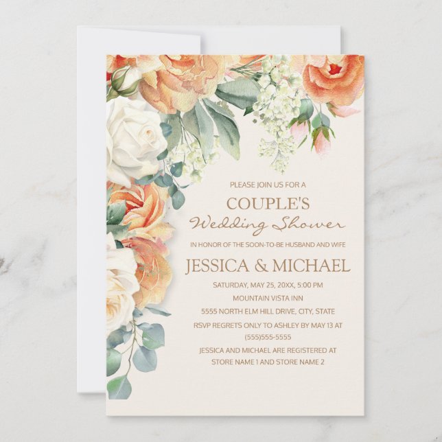 Invitation Aquarelle de crème de pêche Couple floral Douche (Devant)