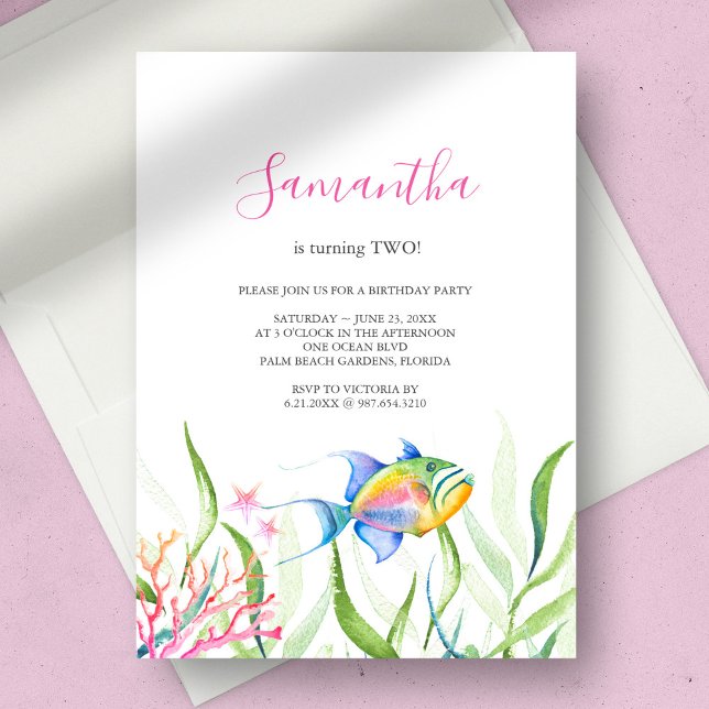 Invitation Aquarelle de fête d'anniversaire de la fille de po (birthday party invitation girl tropical fish watercolor )
